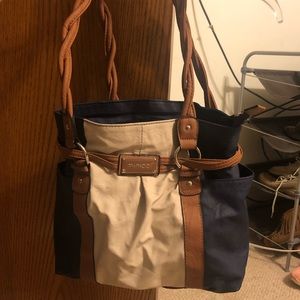 Blue and tan purse